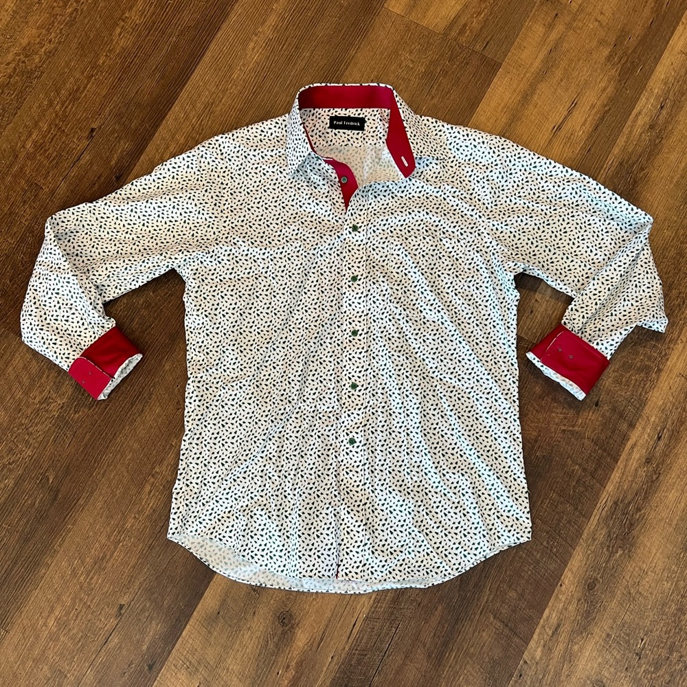 Paul Fredrick button down dress shirt holiday Christmas trees red green white